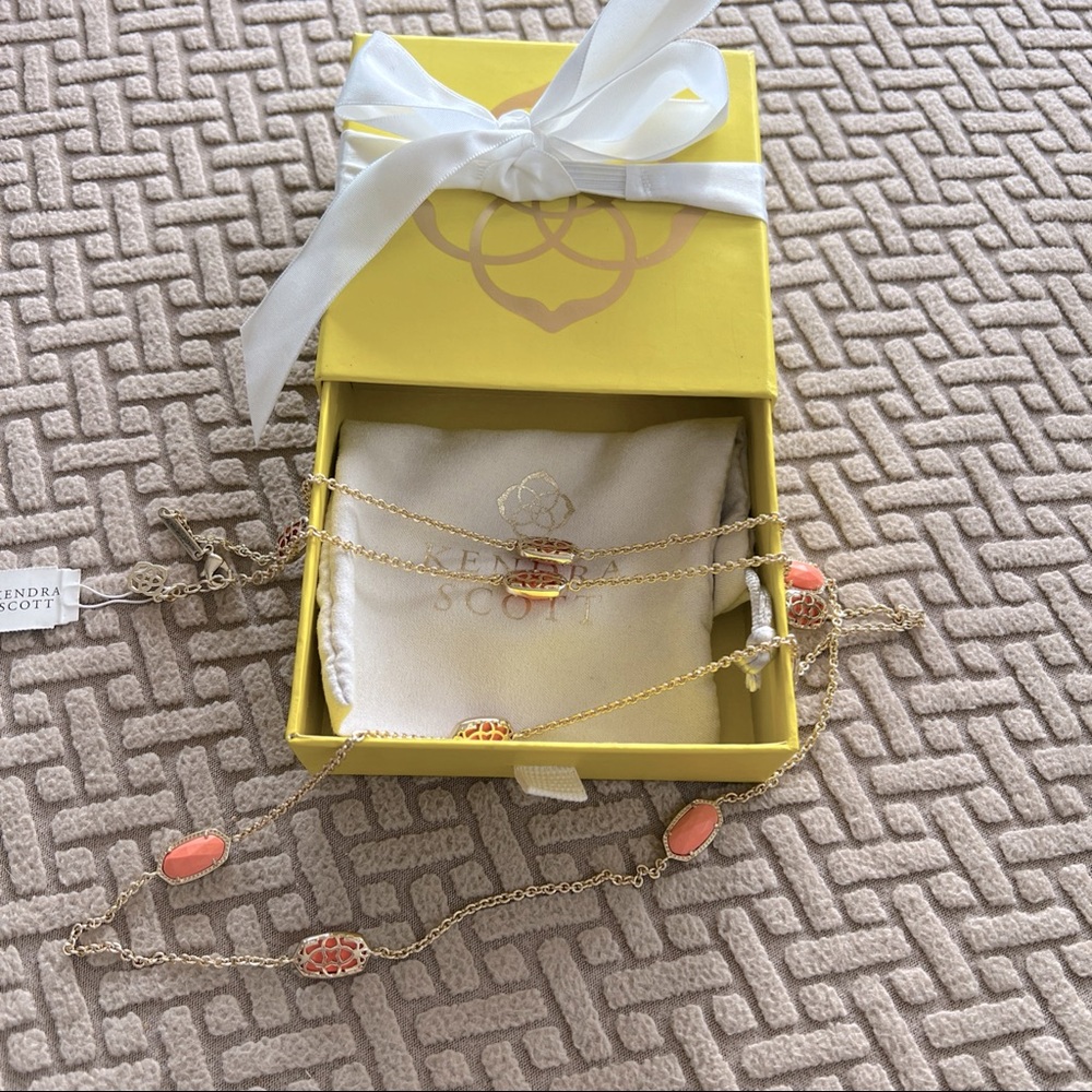 NWT Kendra Scott Kellie Gold Plated Coral Stone Long Station Necklace Box & Bag
